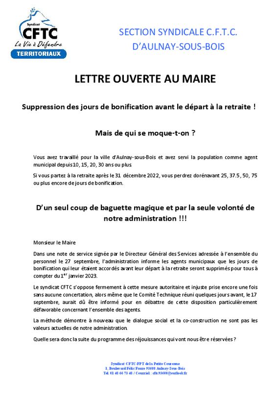 thumbnail of Lettre ouverte au maire Suppression des jours de bonification 30 09 2021docx